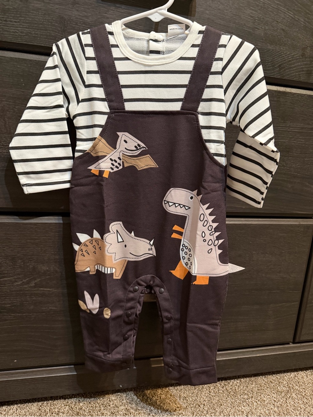 SHEIN Black Stripe Long-Sleeve Dinosaur Overalls One-Piece